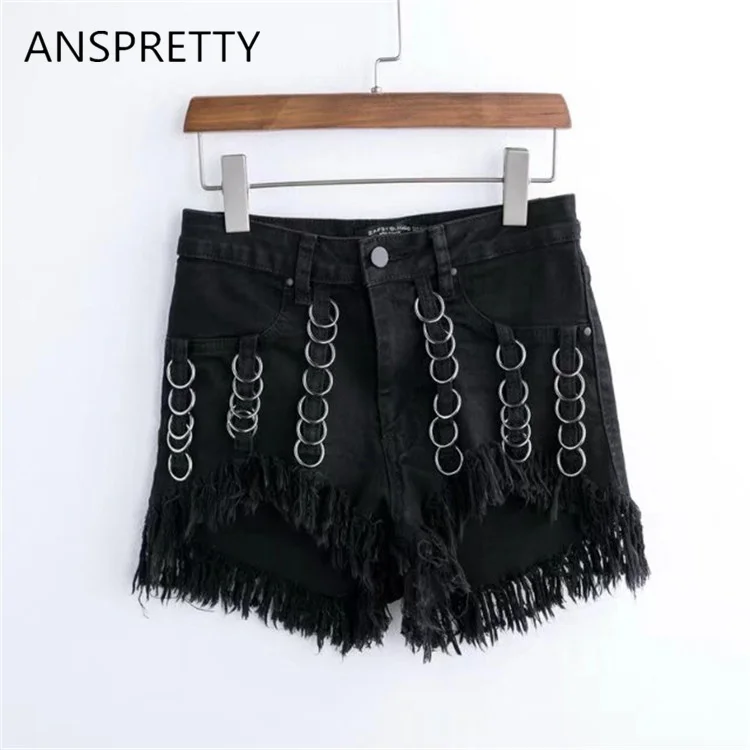 Anspretty одежда черные джинсы Шорты женщин бахромой кисточки низ стрейч джинсовые