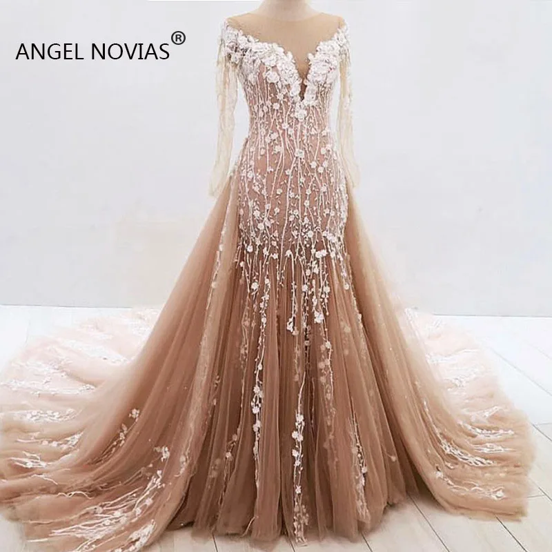 Платье с длинным рукавом ANGEL NOVIAS вечернее платье русалочкой цвета шампанского