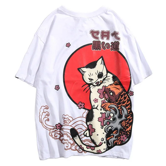 Японский стиль Ukiyo E Cat Футболка Harajuku уличная мужская повседневная Летняя