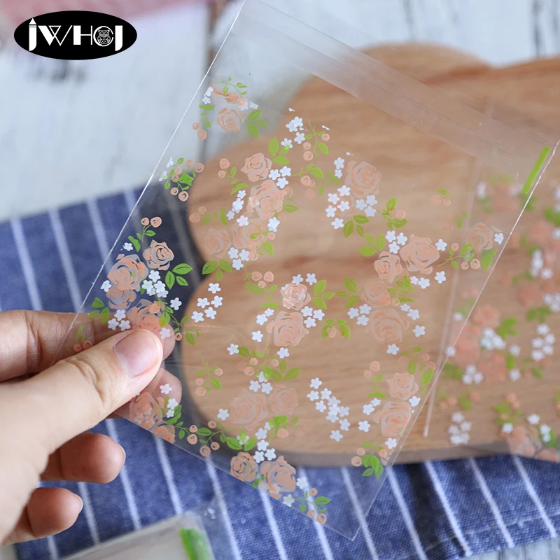 100 pcs Rose flower 7 x 7cm adhesive cookies diy Gift Bags for Christmas birthday Party Candy Food&ampHandmade soap Packaging bags | Дом и сад