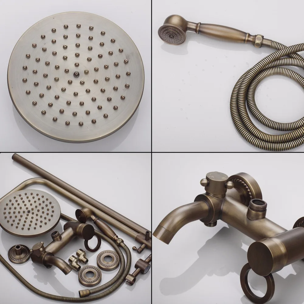 

JIENI 8 Inch Antique Brass Flexible Retro Vintage Wall Mount Bathroom Shower Head Control Valve Hand Sprayer Outlet Shower Set