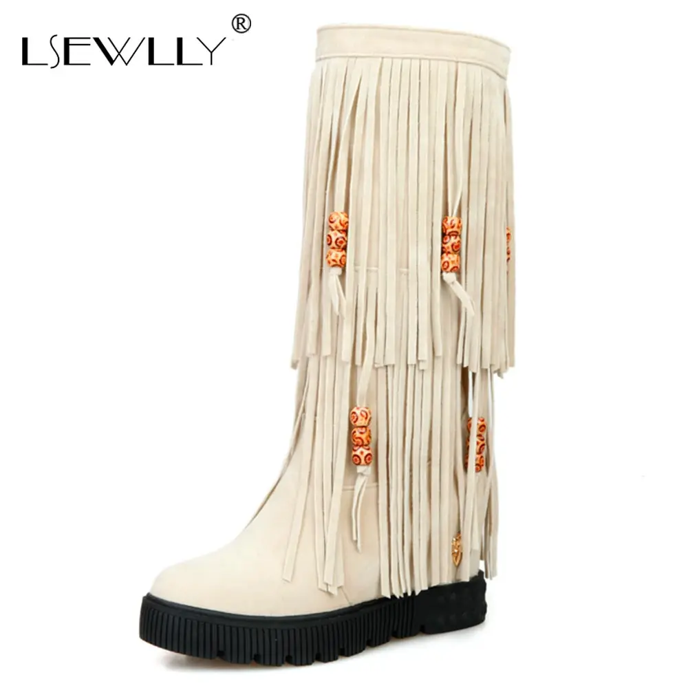 

Lsewilly Women Mid-Calf Boots With Fringe Beading Round Toe Flock Height Increasing Women Boots Women Slip On Size 34-44 A004