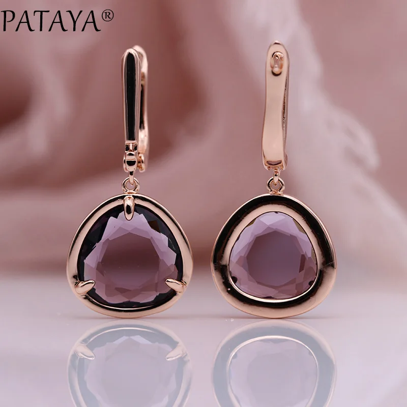 Purple Red PATAYA Новые Треугольные длинные серьги для женщин Простые зеленые модные ювелирные изделия 585 розовое золото карамельные цвета уникальные циркониевые свисающие серьги - Окраска металла: Purple Red