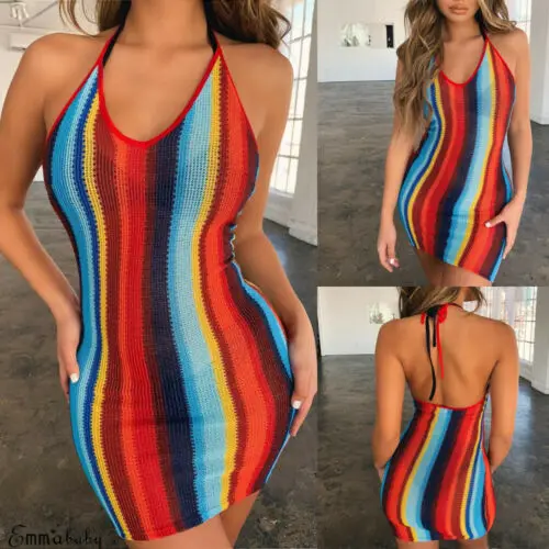 Женское облегающее мини-платье без рукавов с открытой спинкой на бретельках для