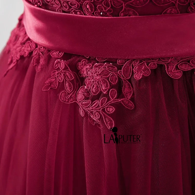 2018 Новая коллекция Кружева Аппликации бордовое вечернее платье с кристаллами