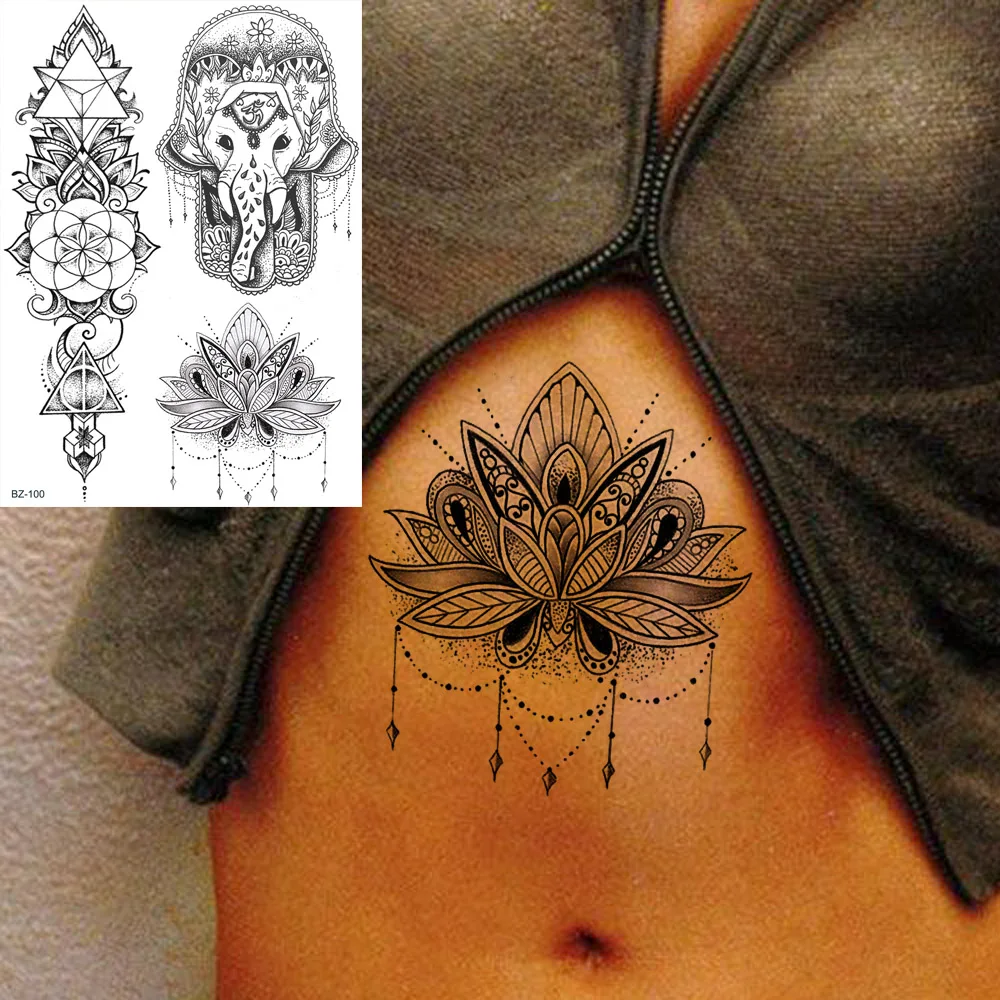 

India Genasha Elephant Hamsa Temporary Tattoos For Women Girls Tribal Lotus Large Henna Tattoo Sticker Fake Jewelry Wedding