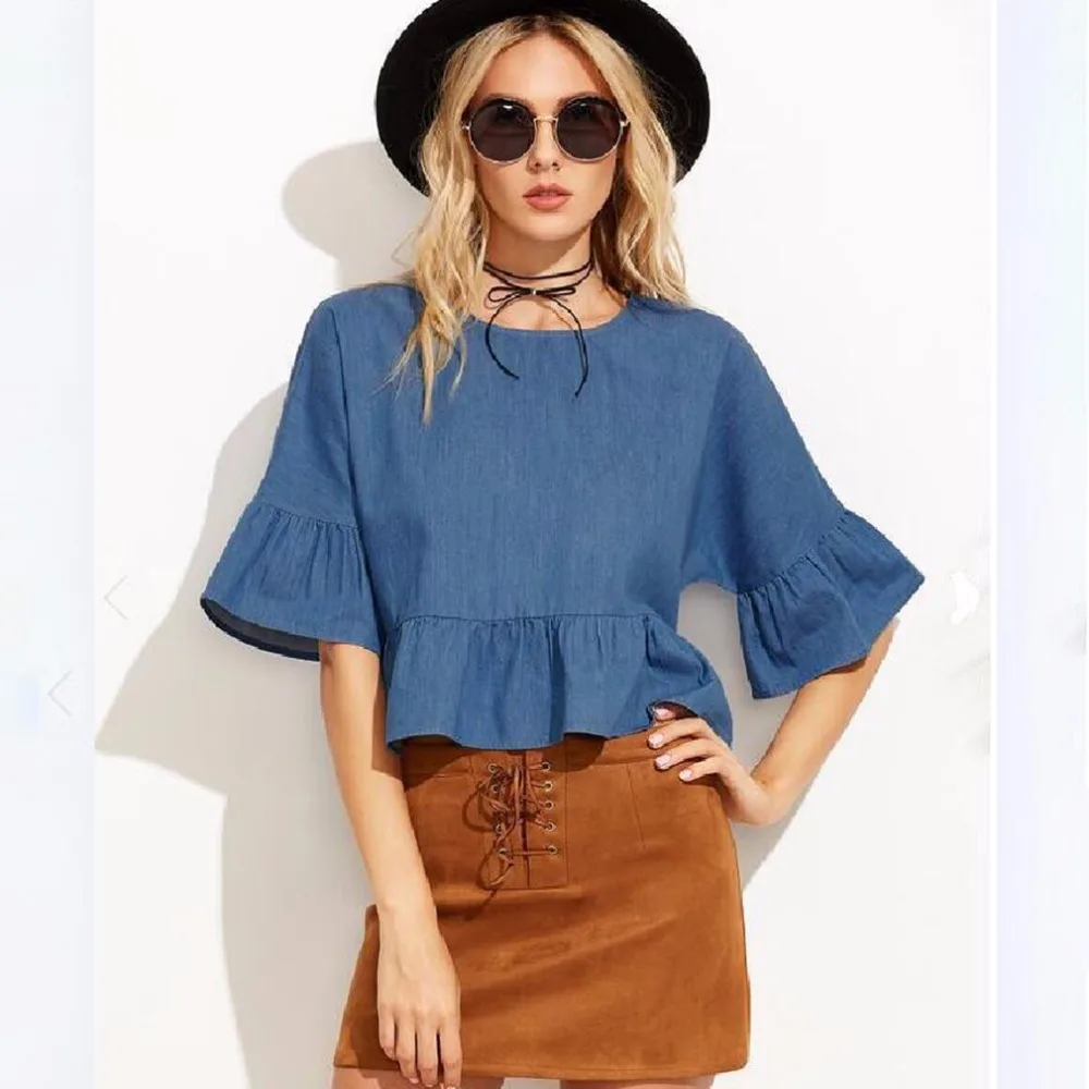 2017 г. женские новые летние джинсовый топ О-образным вырезом свободные половины