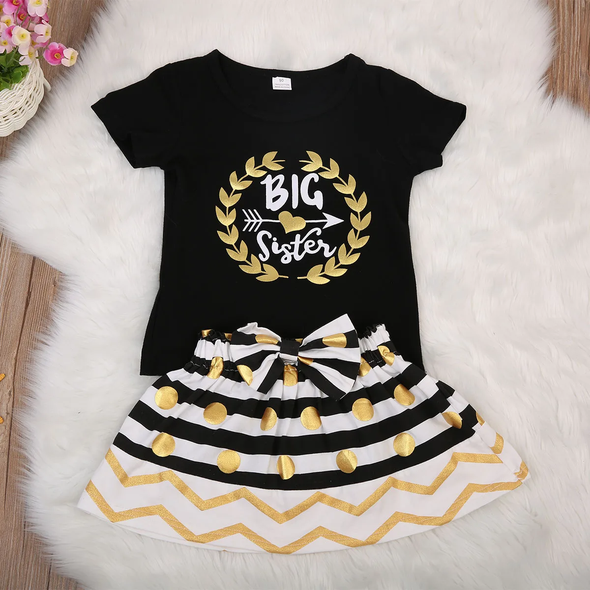 Infant Baby Girls Sister Family Set Short Sleeve Romper T-shirt Striped Polka Dot Skirt Outfits Clothes | Мать и ребенок - Фото №1