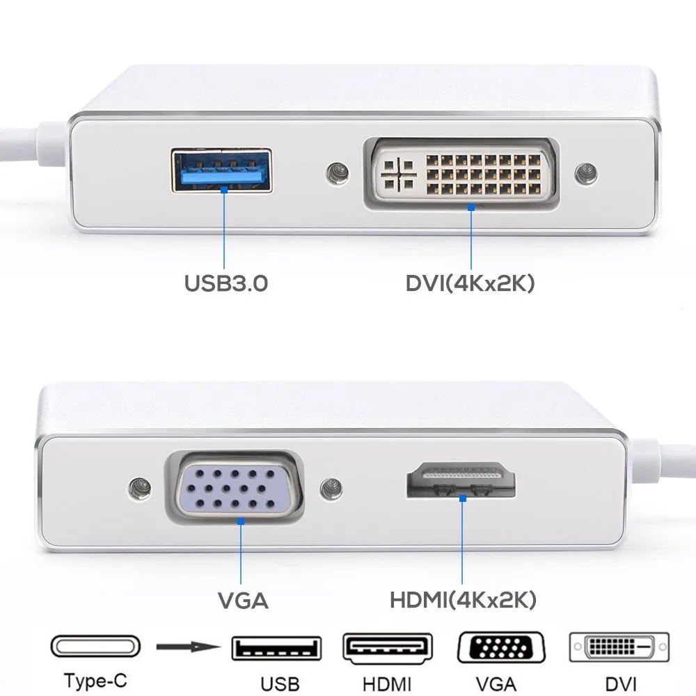 4 in 1 USB 3.1 C Type to HDMI VGA DVI 3.0 Adapter Cable for Laptop Apple Macbook Google Chromebook Pixel |
