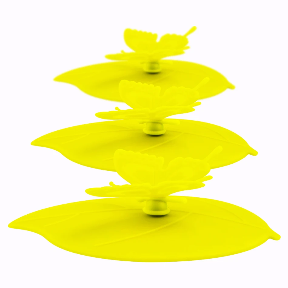 Yellow 3 pieces ME. FAM Модная красочная милая 3D бабочка+ листья силиконовая крышка для чашки 10,5 см Пылезащитная крышка стеклянная керамическая Пластиковая крышка для кружки - Цвет: Yellow 3 pieces