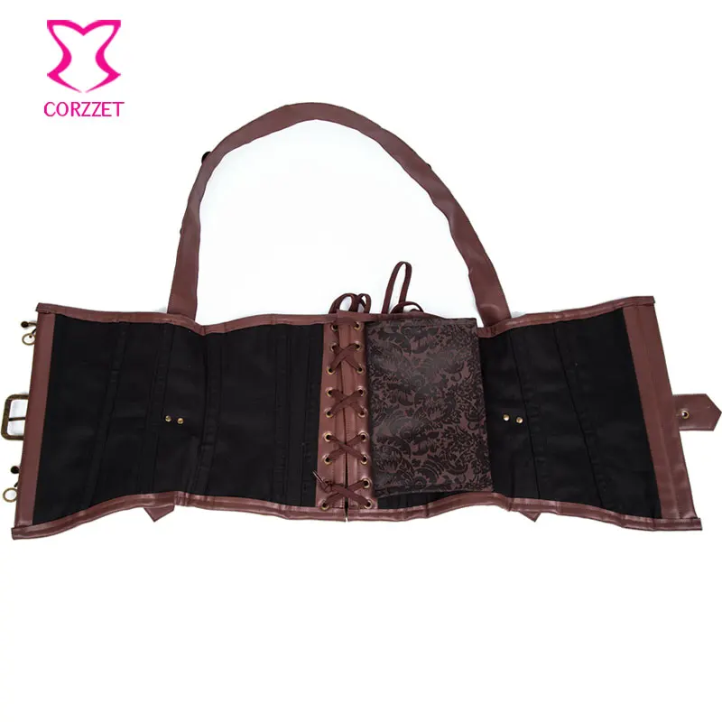 Коричневый кожаный и парчовый корсет с лямкой на шее для похудения талии мужчин