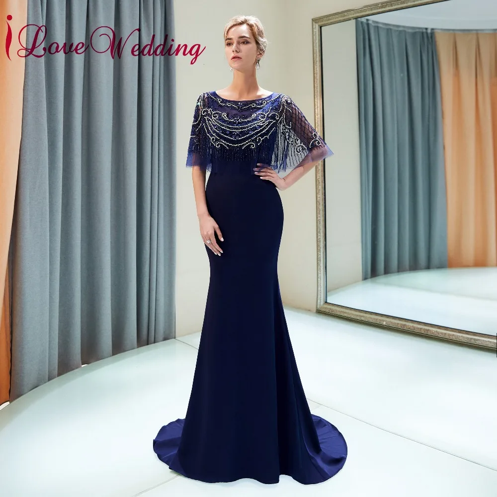 ILoveWedding овальным воротником тяжелый с бисером темно-синее спандекс Русалка