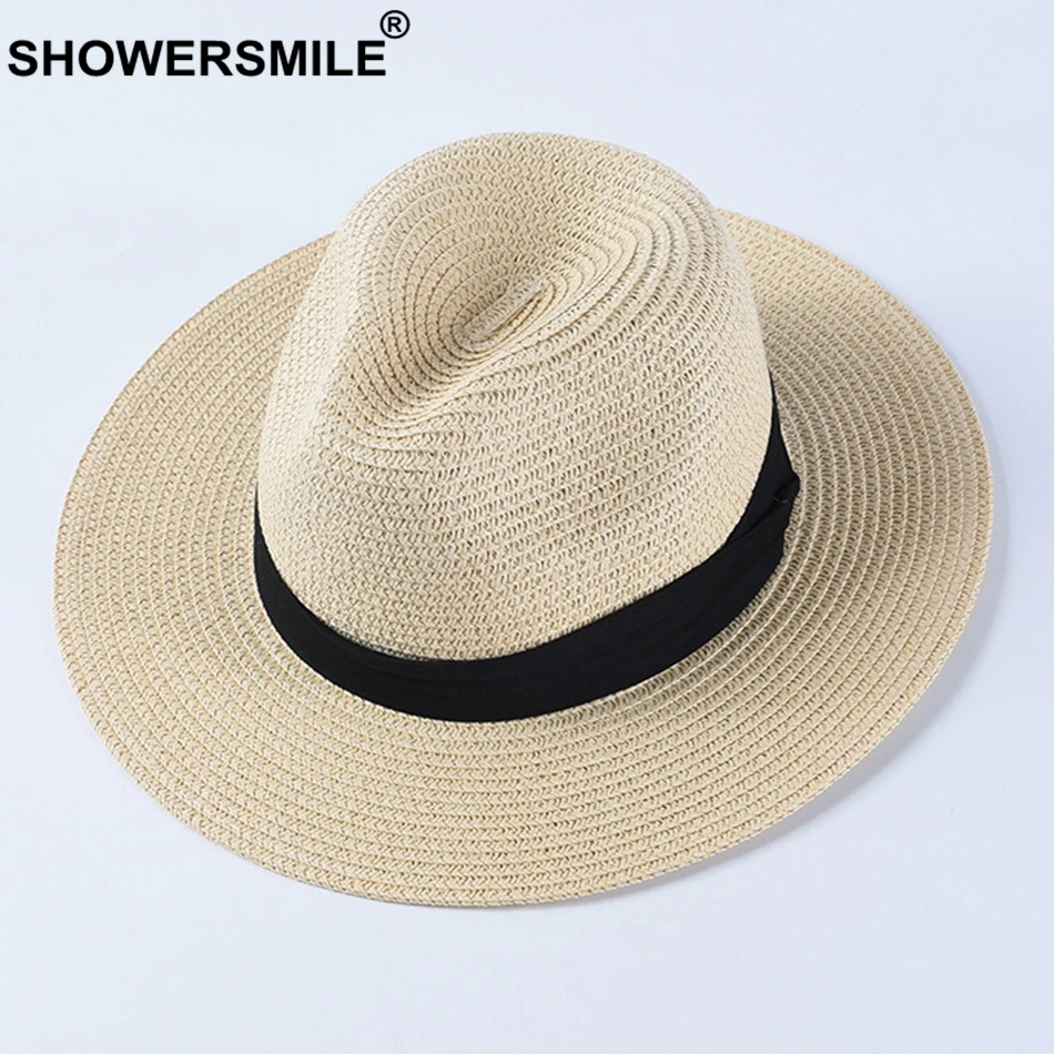 SHOWERSMILE, шляпы от солнца для мужчин, бумажная Соломенная Панама, женская классическая верблюжья джазовая Кепка, канотье, брендовые летние пляжные фетровые шляпы для отдыха