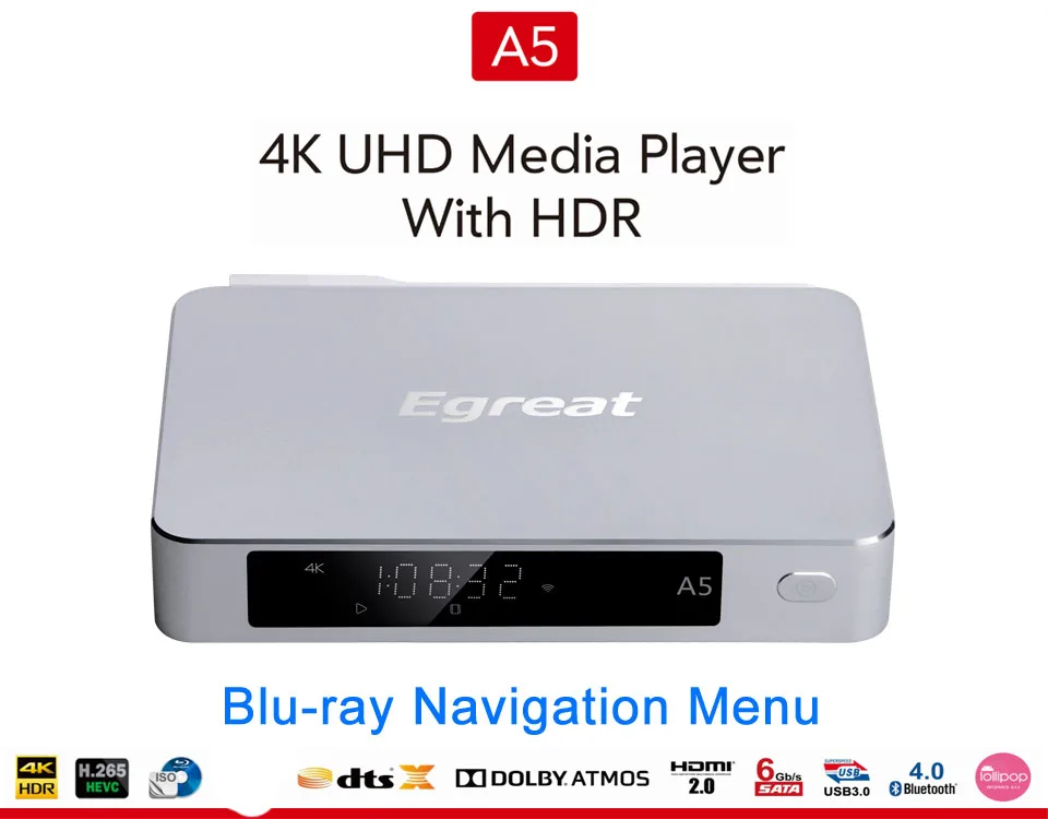 Egreat A5 4K UHD медиаплеер с HDR Blu-Ray проигрывателем жесткого диска ISO меню воспроизведения навигации Android 5,1 tv Box Spt DOLBY BD-ISO