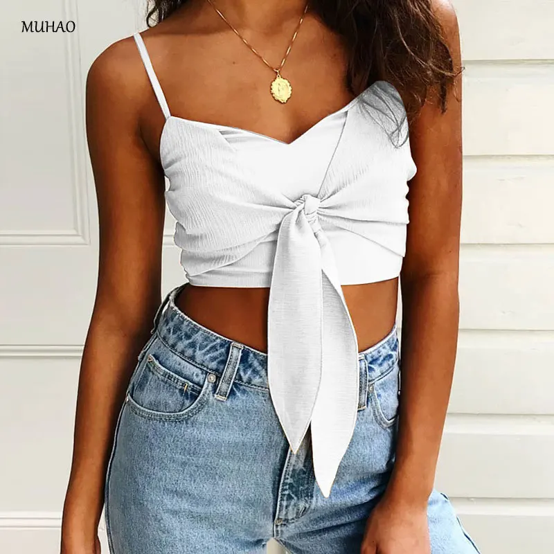 MUHAO/женская футболка однотонный топ на бретельках с одним плечом и бантом