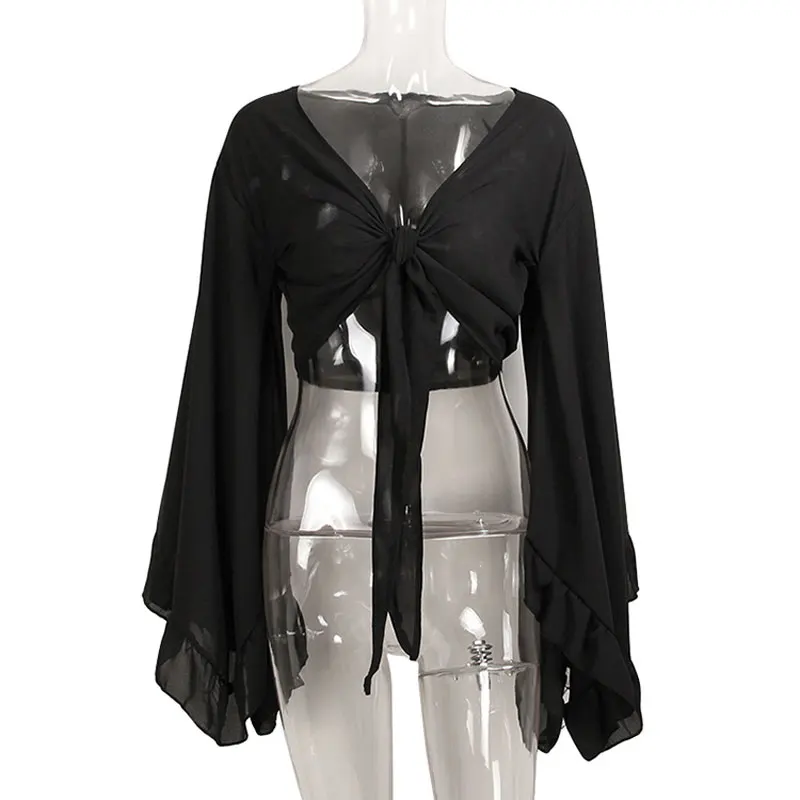 2019 Женская Сексуальная короткая шифоновая блузка кардиган со шнуровкой