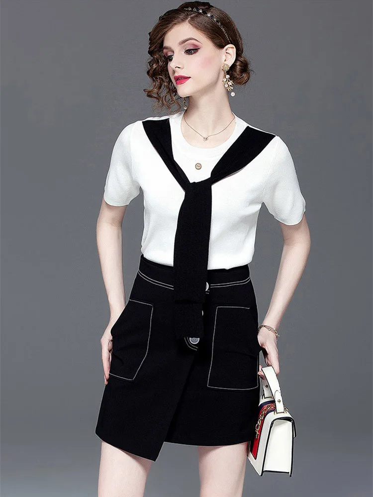 

High Quality Fashion Designer Two Piece Women 2019 Summer New T-shirts + Skirt Elegant Street Top Skirt Sets Female Summer L247