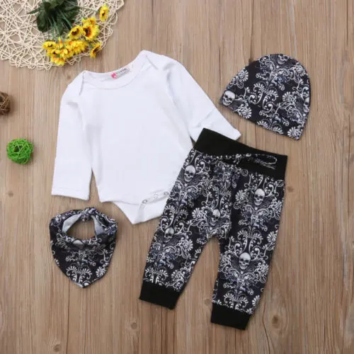 Newborn Baby Boys Girls Clothing Tops Romper Skull Flower Long Sleeve Pants Hat Bibs Scarf 4pcs Set Clothes Boy 0-24M |