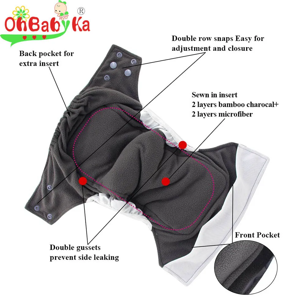 Ohbabyka AIO пеленки Couche Lavable бамбуковый уголь моющиеся подгузники многоразовые