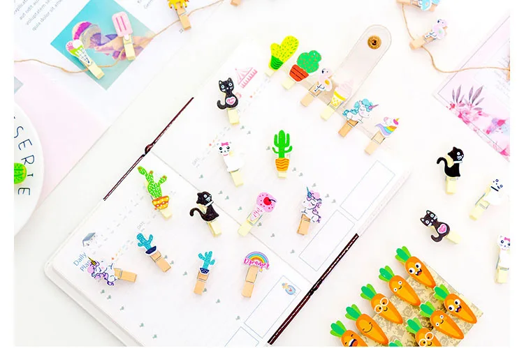 10 шт. мини деревянные зажимы креативные персонажи из мультфильмов Kawaii Кот Единорог моделирование скрепки DIY Фото зажимы декоративные подарок ребенку