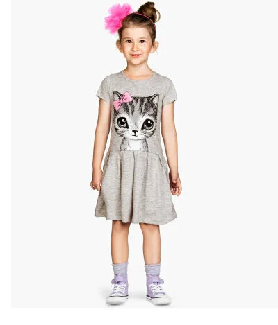 Girl bowtie Cat Print Dress Child dresses Summer new Knee-length Baby Cartoon Loose Short Sleeve Kids Girls Clothing | Детская одежда и