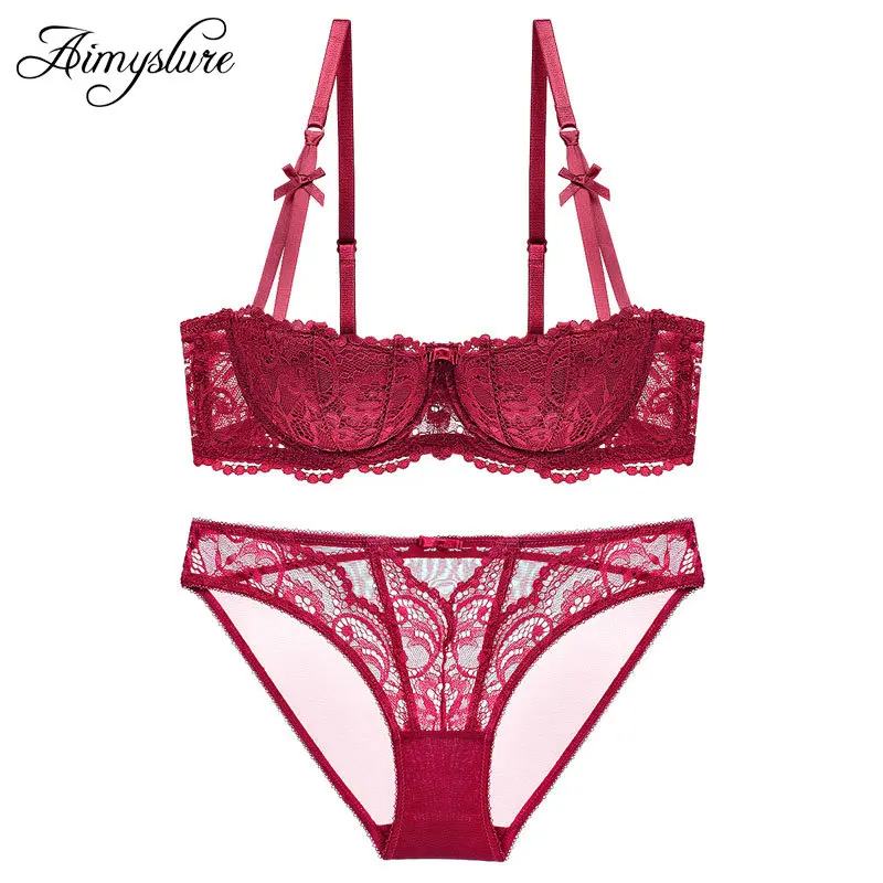 Sexy Lace Half Bra Set Woman Red Plunge Lingerie Ultra Thin B C D Cup Lady Underwear Black Brassiere | Женская одежда