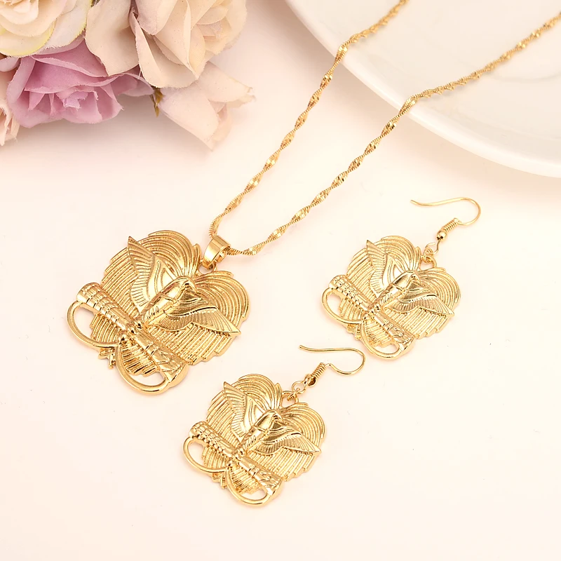 

9 k Yellow Solid Gold Filled jewelry Bird of Paradise Pendant Necklaces earrins for Women Papua New Guinea girls kids party