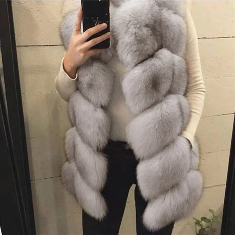 Модный жилет из меха серебристой лисы Элегантное длинное пальто искусственного