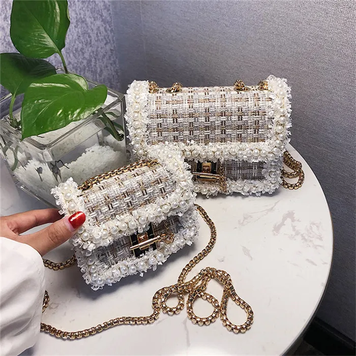 White TOYOOSKY модная Новая женская дизайнерская сумочка, шерстяная женская сумка, сумка на плечо с жемчужной цепочкой, простая квадратная сумка с бисером - Цвет: White