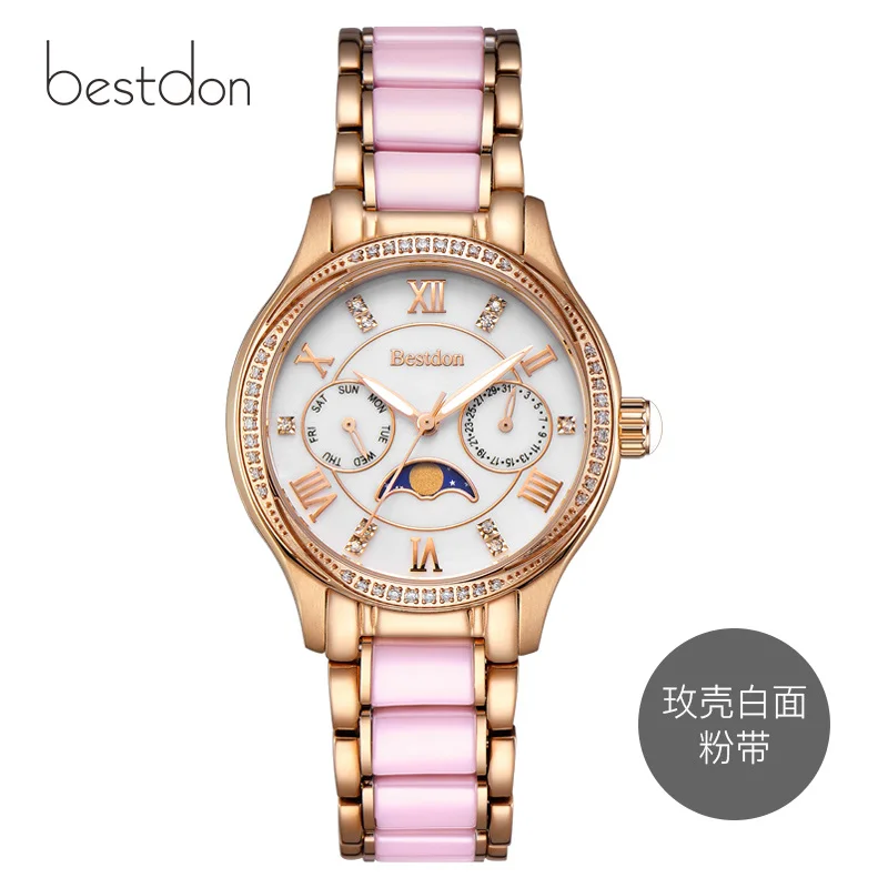 Rose-white-pink Bestdon, женские часы с бриллиантами, Лидирующий бренд, роскошные модные кварцевые наручные часы с фазой Луны, керамические водонепроницаемые часы, Прямая поставка - Цвет: Rose-white-pink