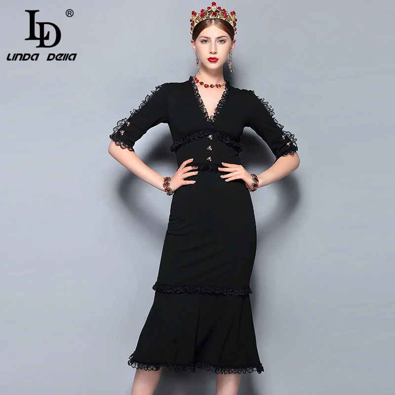 

LD LINDA DELLA 2021 мода взлетно-посадочной полосы летнее платье для женщин с v-образным вырезом в винтажном стиле; Цвет Черный; С кружевами в стиле п...