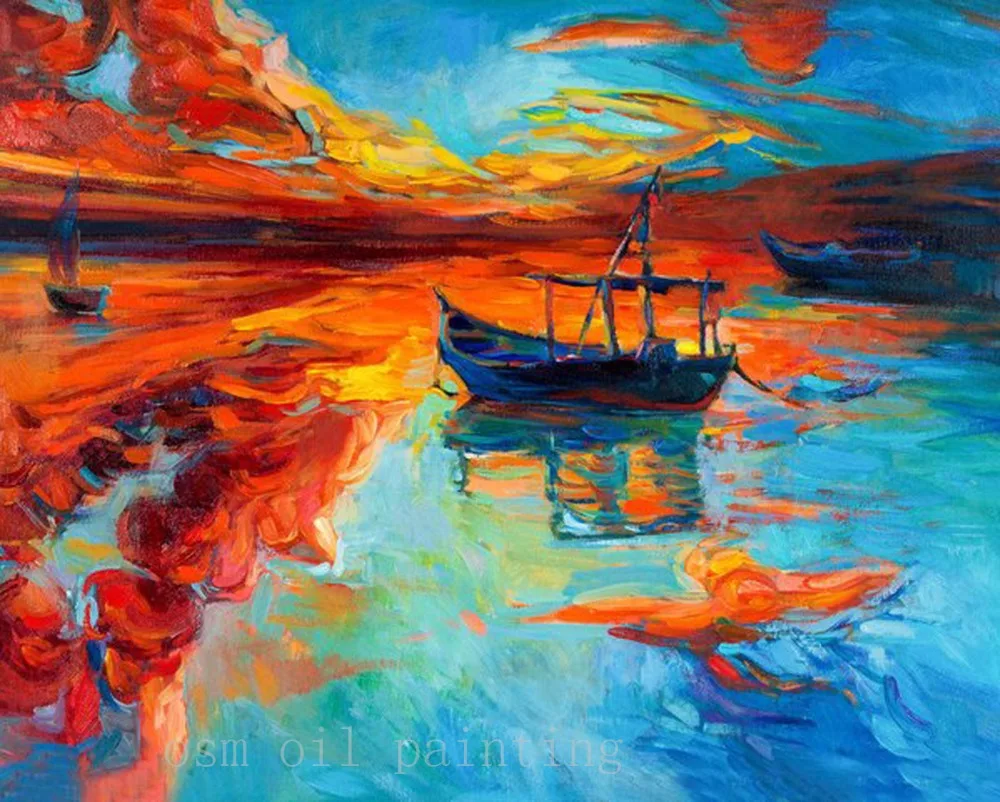 Ручная роспись абстрактная масляная краска с рыболовной лодкой на море