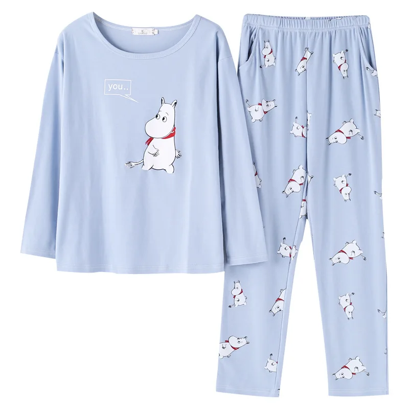 

Blue cute cartoon pajamas ladies spring and autumn long-sleeved round neck pullover casual comfort cute home service suit