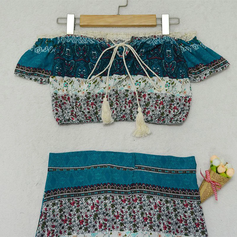 Комплект из двух предметов в богемном стиле женский укороченный топ с открытыми