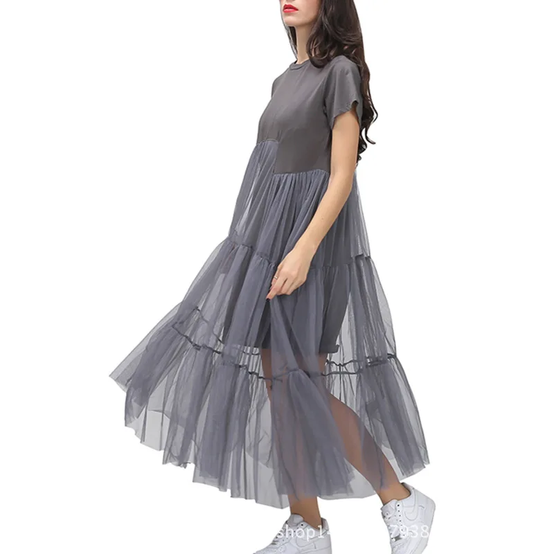 Korea 2018 Summer Women Mesh Patchwork Loose Casual Mid-calf Dress Female Vestido | Женская одежда