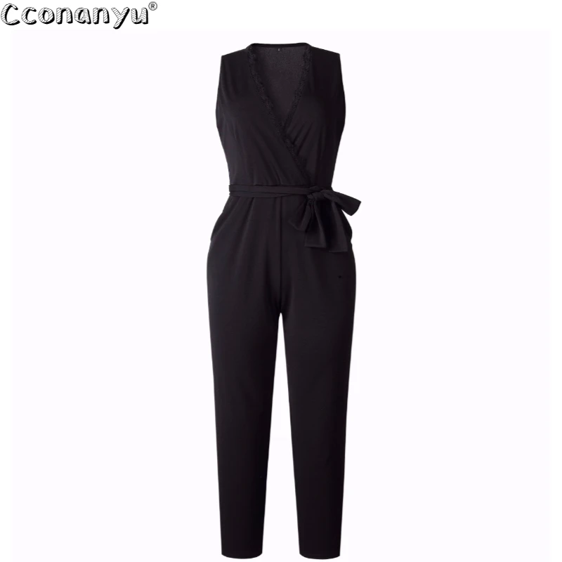 

Women Pocket Jumpsuit 2019 Summer Sexy Lace Sleeveless V-Neck Jumpsuit Ladies Belt Long jumpsuit women black casual