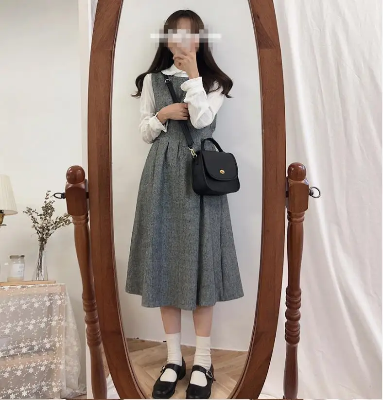 Autumn winter vintage preppy style sleeveless vest dress girls slim big swing a-line | Женская одежда
