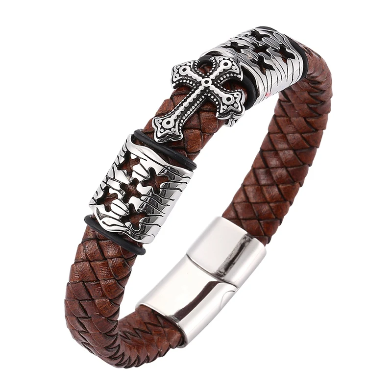 

Vintage Cross Leather Bracelet of Men Brown Braid Charm Stainless Steel Magnetic Clasp Bangles Male Jewelry Gift BB0081
