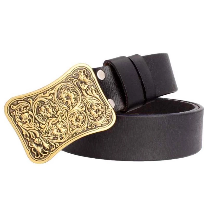 Gold Arabesque pattern women real leather belt cow skin belt lady gift