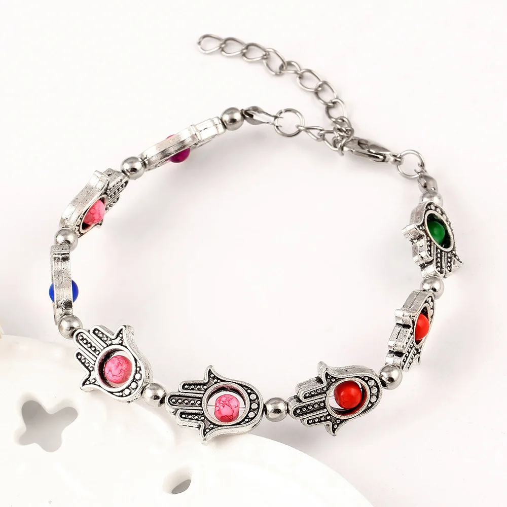 

30 piece/lot Fatima Hamsa Hand Evil Eye Bracelet Silver Plated Link Chain Bangle Charm Adjustable Wristbands Women Men Jewelry