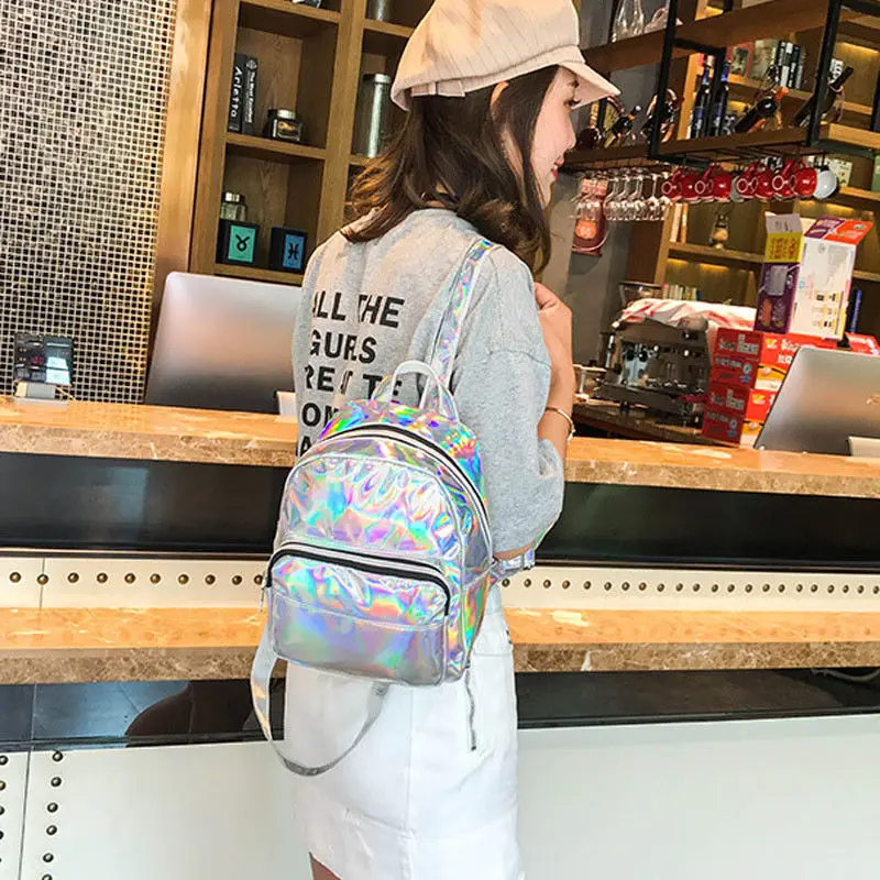 

Hot women girls Bag leather Women Holographic Hologram Laser Metallic Color Backpack School Girl Travel School Shoulder Bag