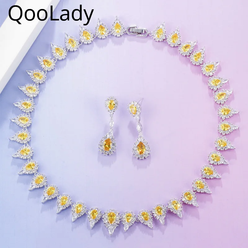 QooLady роскошное желтое ожерелье из кубического циркония и длинные висячие серьги