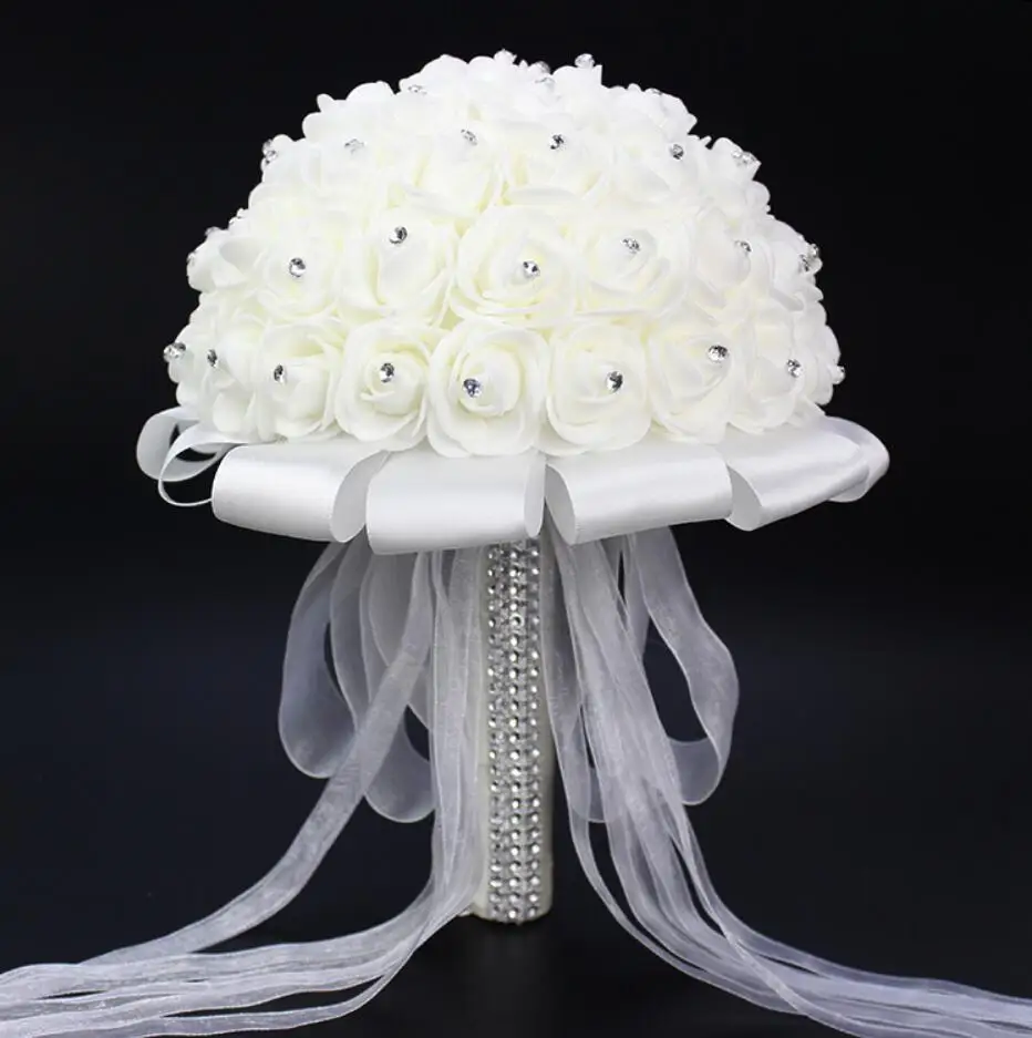white AYiCuthia boeket zijde bloemen Свадебные Foamflowers белая роза Свадебный букет белый атласный романтический свадебный букет S21 - Цвет: white