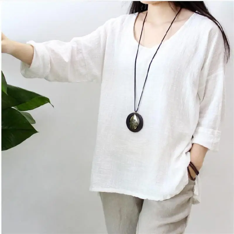 NFIVE Brand 2018 Woman Flax Cotton Shirts New Spring Art Fan Loose Size Long Sleeved Shirt Quality Vintage Casual Thin T-shirt | Женская