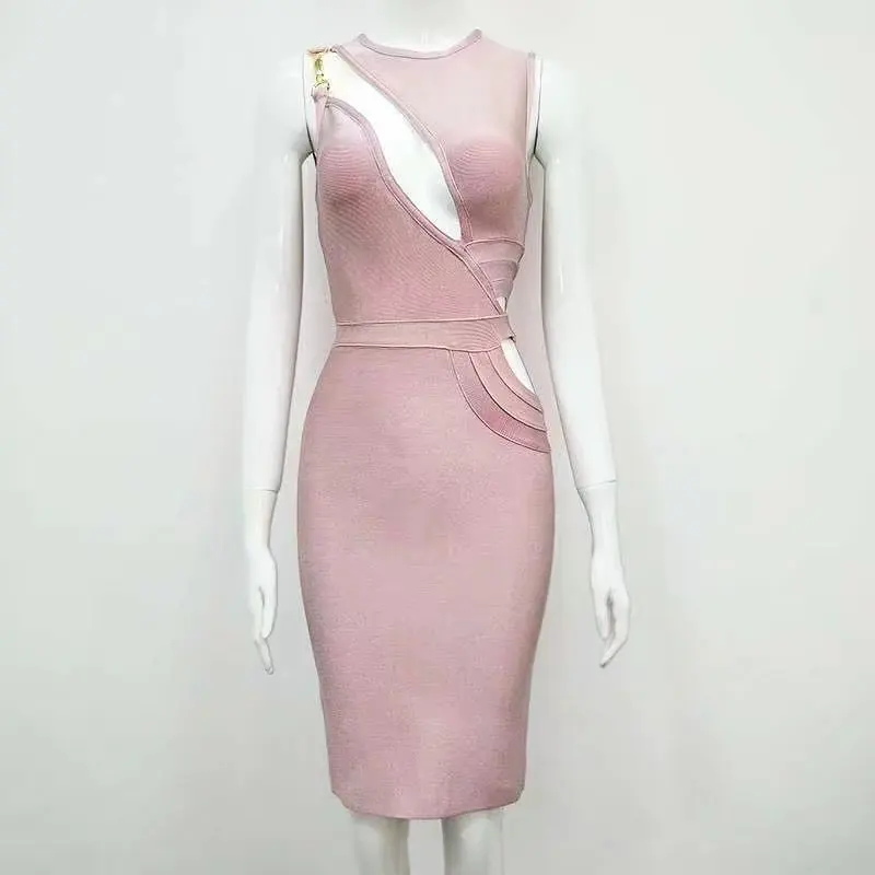 Высокое качество розовый рукавов выдалбливают район бинты платье Sexy Вечеринка