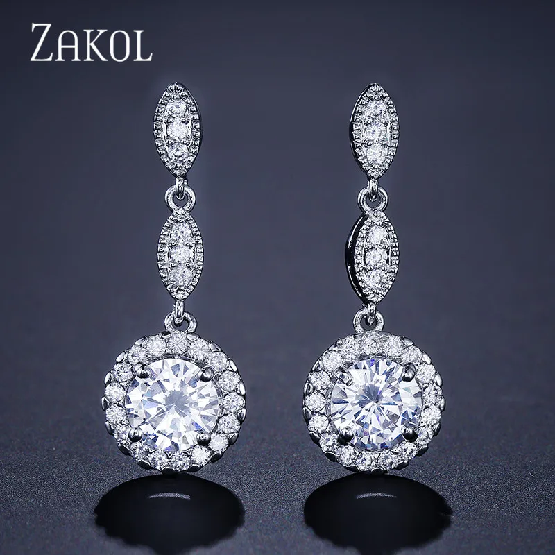 Женские круглые серьги ZAKOL серьги-подвески белого цвета с микро инкрустацией и