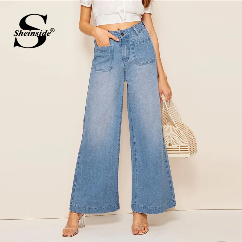 Sheinside Blue Vintage Double Pocket Detail Jeans Women Summer Mid Waist Wide Leg Trousers Ladies Denim Button Pants