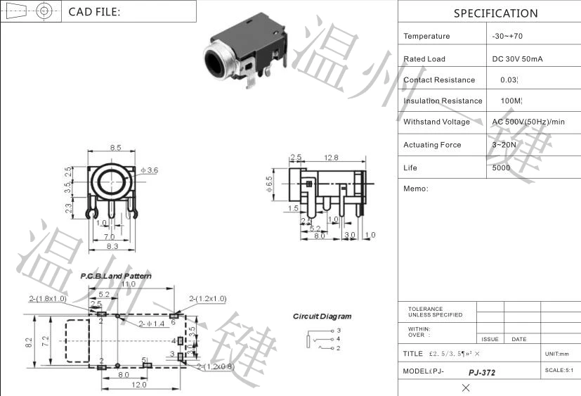 

7 PCS PJ-372 power outlet 3.5 headset socket 5-foot pin 2 fixed feet-3.5MM socket mother seat