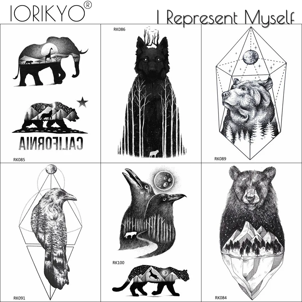 IORIKYO черный волка Временная тату наклейка для Для мужчин стрелки животных