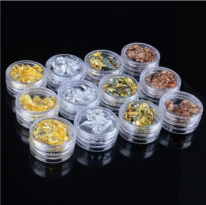 

12Pots Colorful Gold Silver Glitter Nail Foil Sticker Gel Adhesive Glue Image Transfer Paillette Flake Full Cover Laser Decal